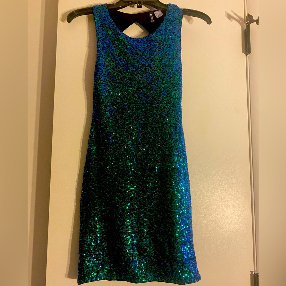 H&M Divided blue/ green metallic sequins bodycon mini Prom Party‎ dress sz 2 - Picture 6 of 12